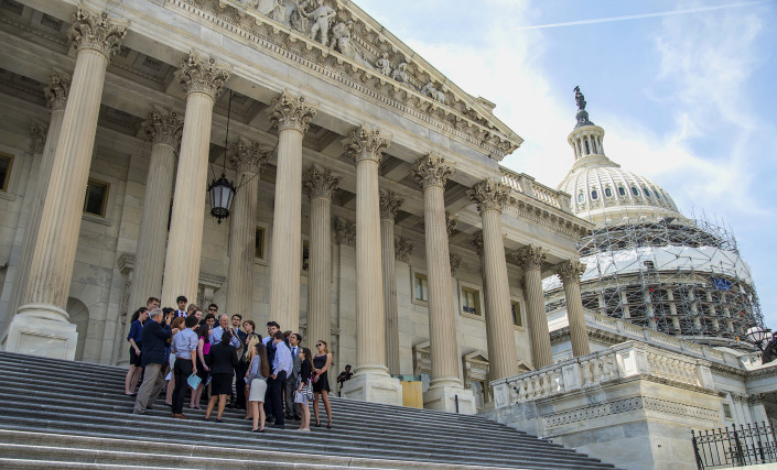 Congessman Farr talks with the students on the Capitol steps